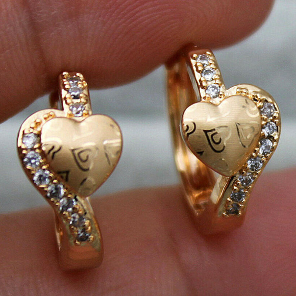 Jewelry - 18K Yellow Gold Filled Laser Carved Heart Diamond Zircon Hoop Earrings Women's